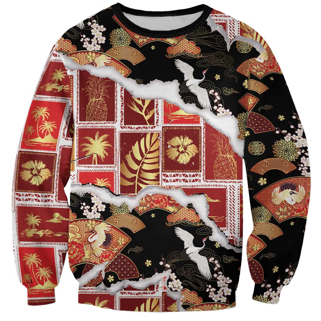 Hawaii Japanese Culture Black Sweatshirt Spring Cranes Aloha Pattern