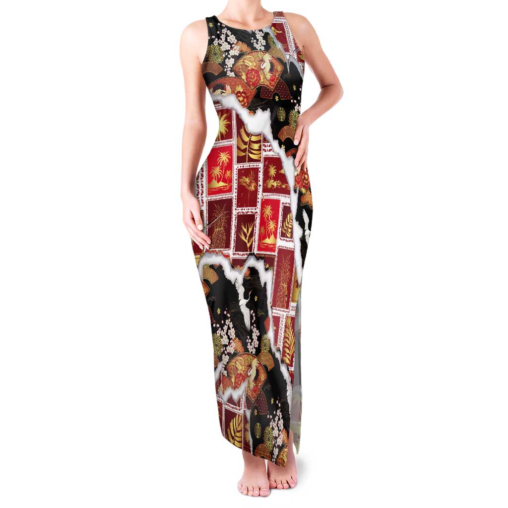 Hawaii Japanese Culture Black Tank Maxi Dress Spring Cranes Aloha Pattern