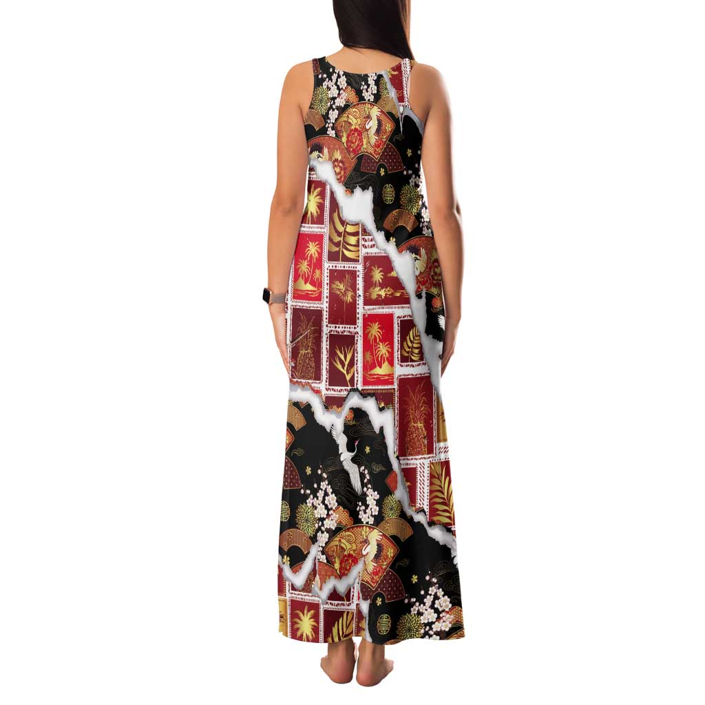 Hawaii Japanese Culture Black Tank Maxi Dress Spring Cranes Aloha Pattern