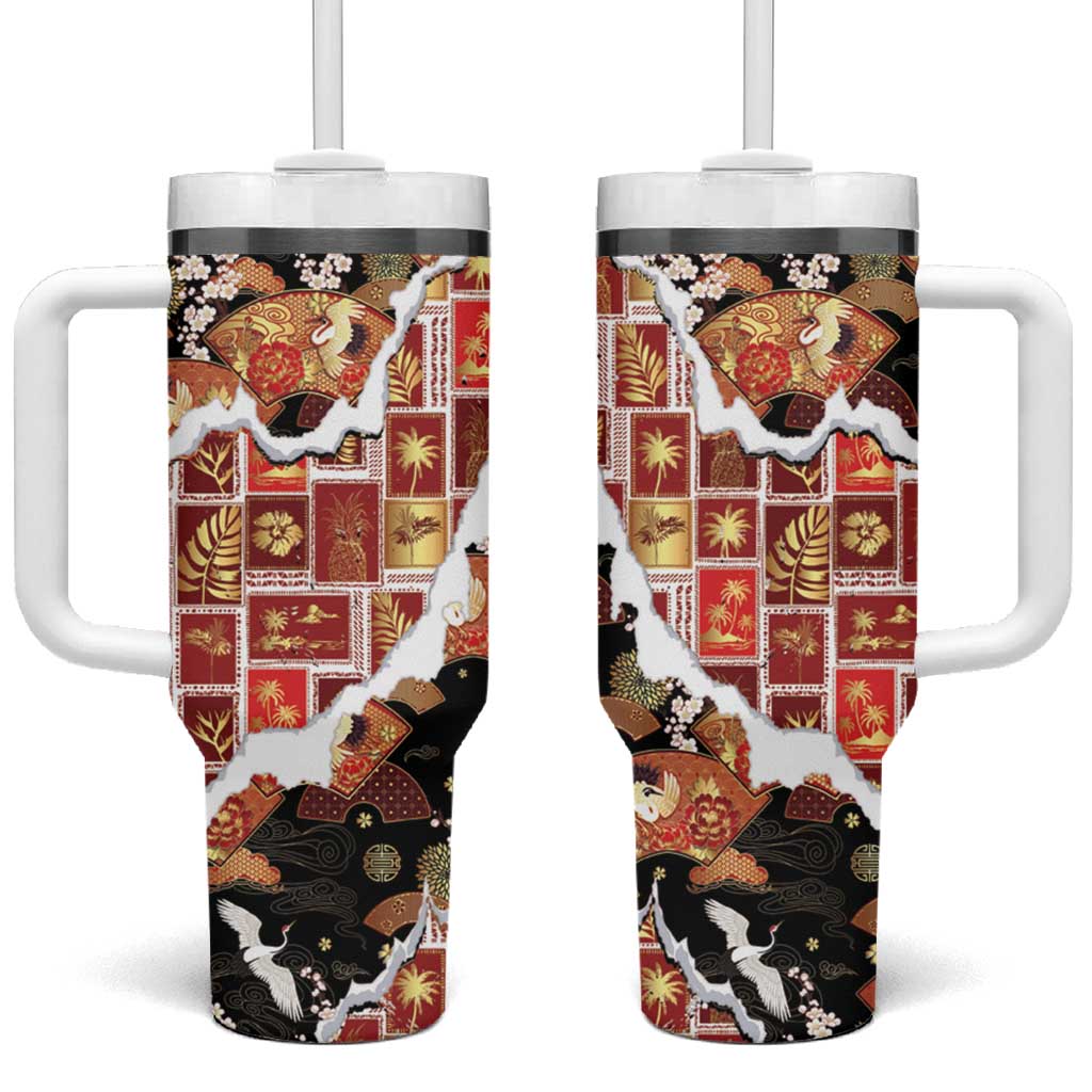 Hawaii Japanese Culture Black Tumbler With Handle Spring Cranes Aloha Pattern LT01 One Size: 40 oz Black - Polynesian Pride