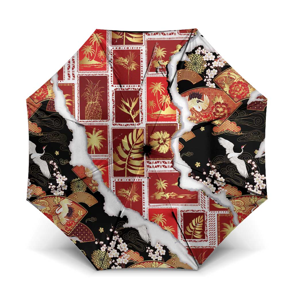 Hawaii Japanese Culture Black Umbrella Spring Cranes Aloha Pattern LT01 One Size Folded 11.42 inch Opened Diameter 37.4 inch Black - Polynesian Pride