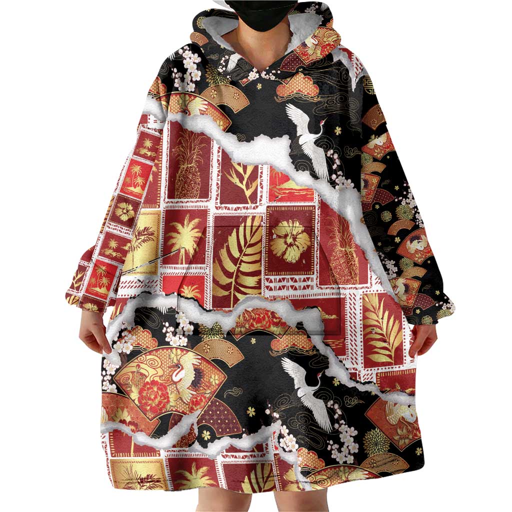 Hawaii Japanese Culture Black Wearable Blanket Hoodie Spring Cranes Aloha Pattern