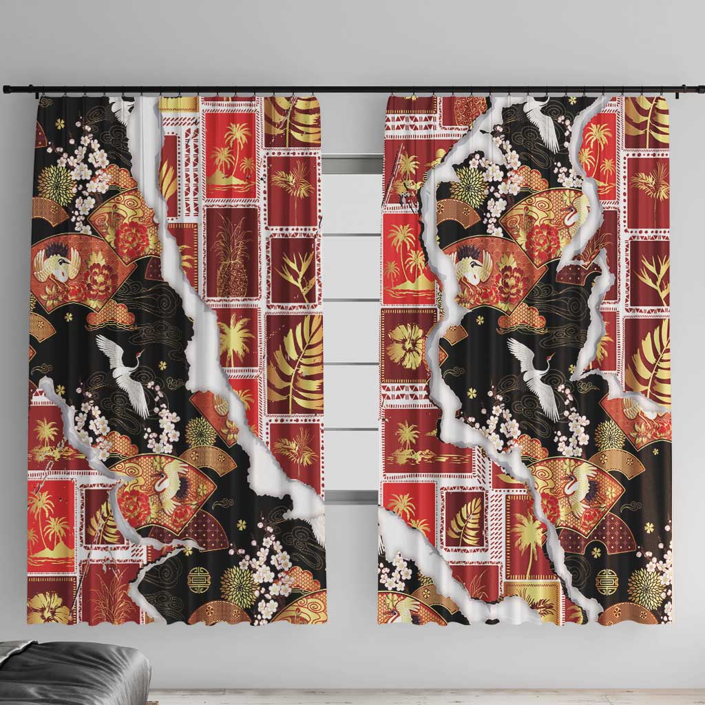 Hawaii Japanese Culture Black Window Curtain Spring Cranes Aloha Pattern
