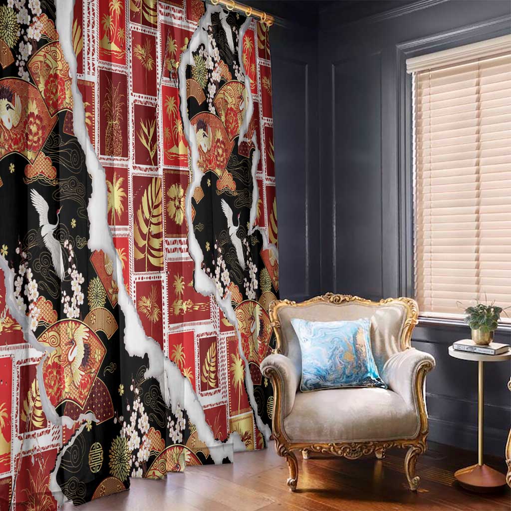 Hawaii Japanese Culture Black Window Curtain Spring Cranes Aloha Pattern