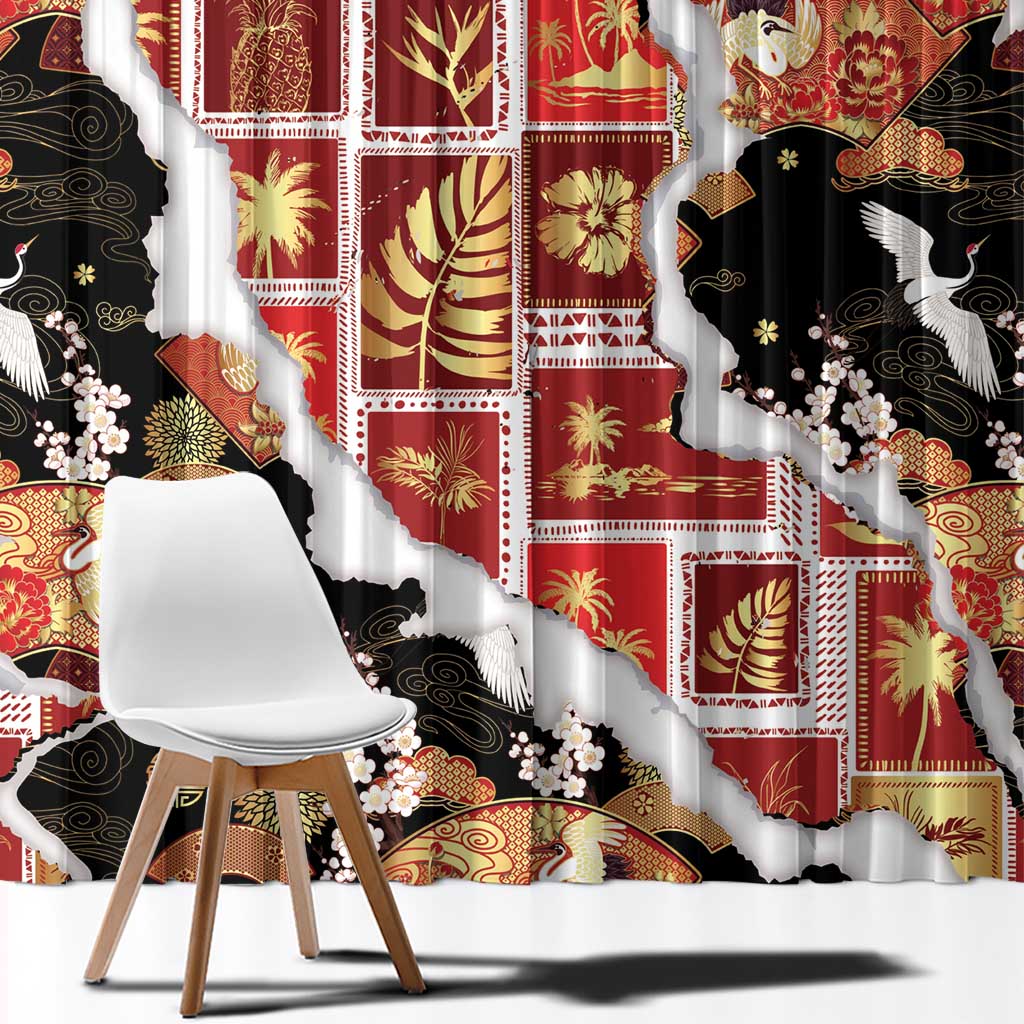 Hawaii Japanese Culture Black Window Curtain Spring Cranes Aloha Pattern