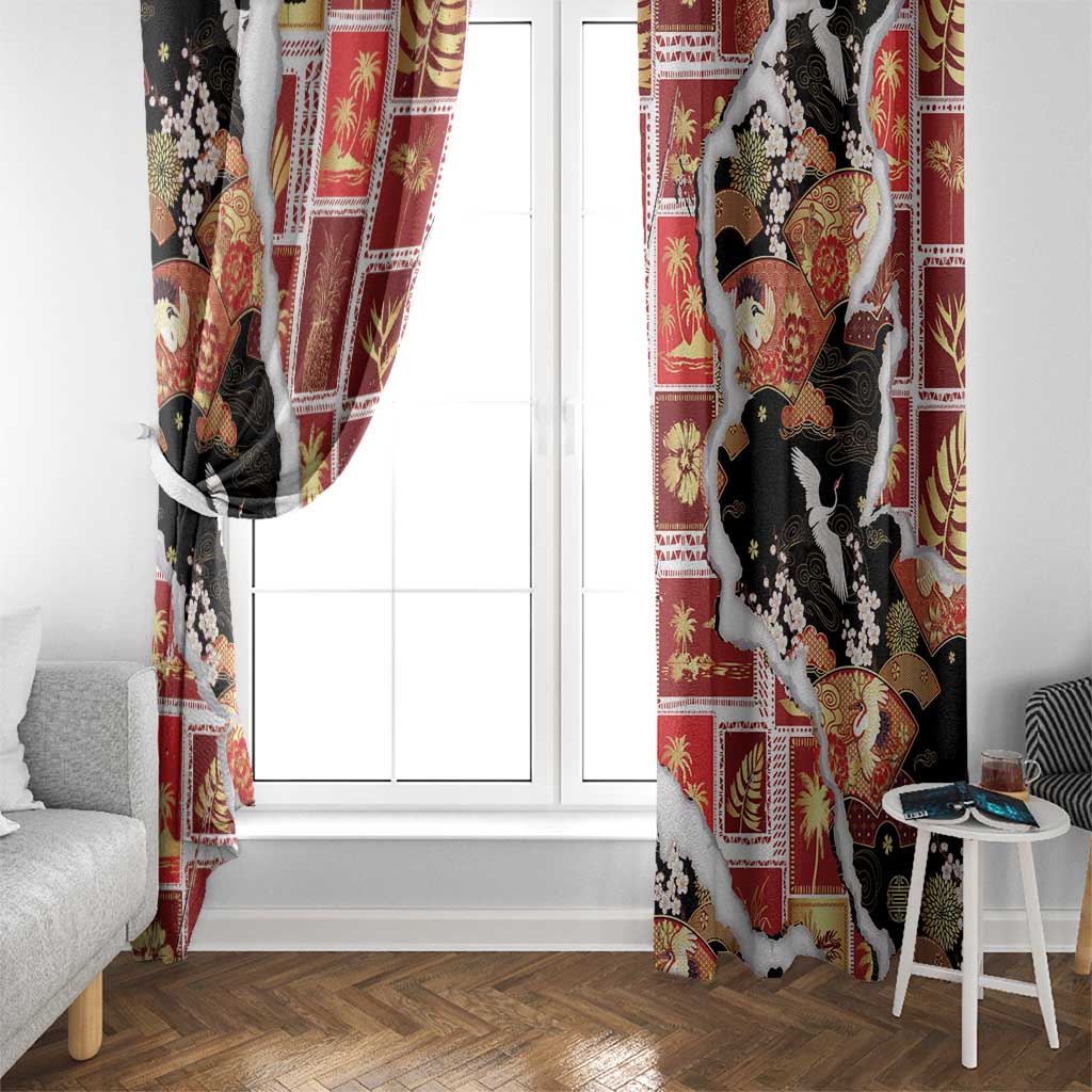 Hawaii Japanese Culture Black Window Curtain Spring Cranes Aloha Pattern