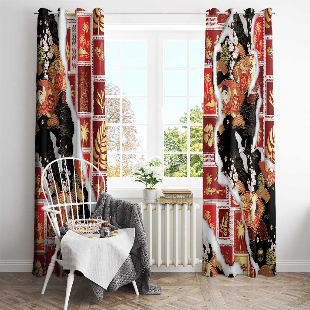 Hawaii Japanese Culture Black Window Curtain Spring Cranes Aloha Pattern
