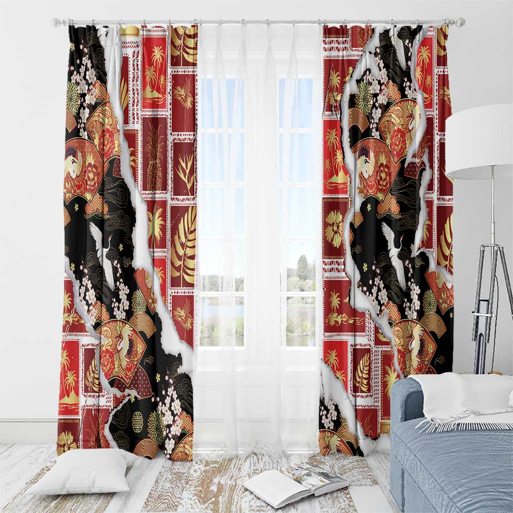 Hawaii Japanese Culture Black Window Curtain Spring Cranes Aloha Pattern