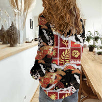 Hawaii Japanese Culture Black Women Casual Shirt Spring Cranes Aloha Pattern