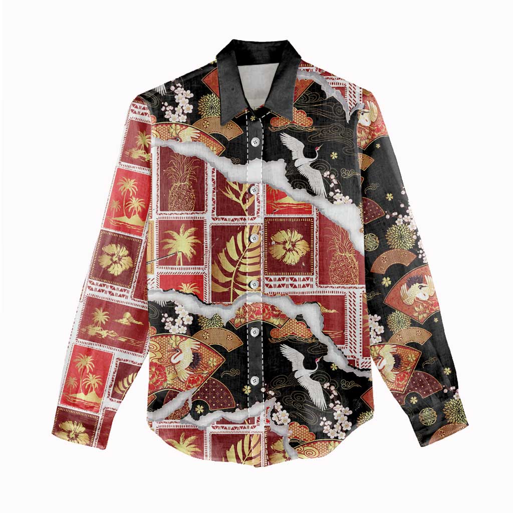 Hawaii Japanese Culture Black Women Casual Shirt Spring Cranes Aloha Pattern