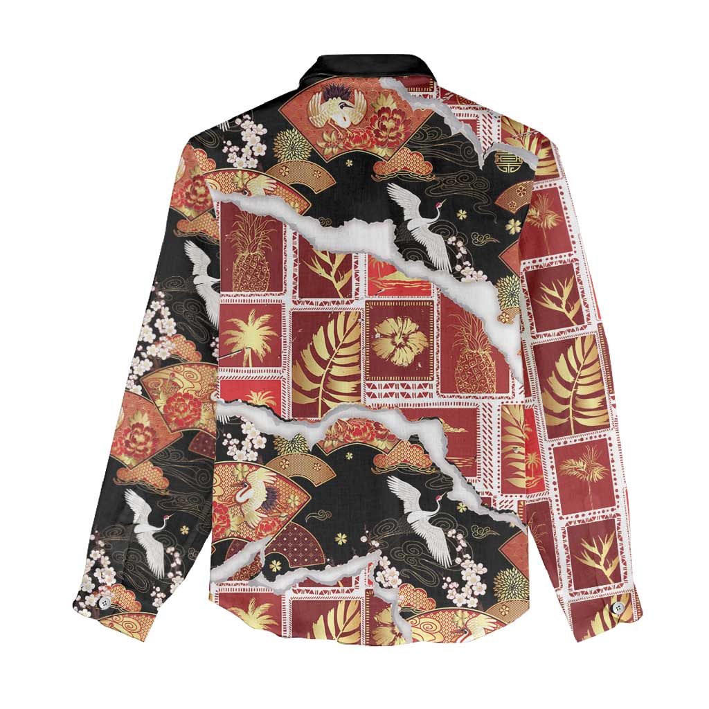 Hawaii Japanese Culture Black Women Casual Shirt Spring Cranes Aloha Pattern