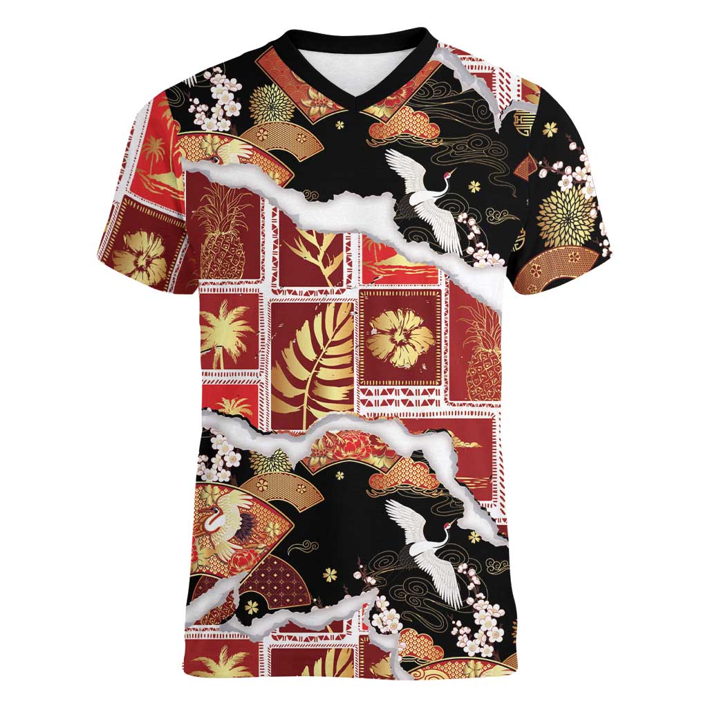 Hawaii Japanese Culture Black Women V-Neck T-Shirt Spring Cranes Aloha Pattern LT01 Female Black - Polynesian Pride