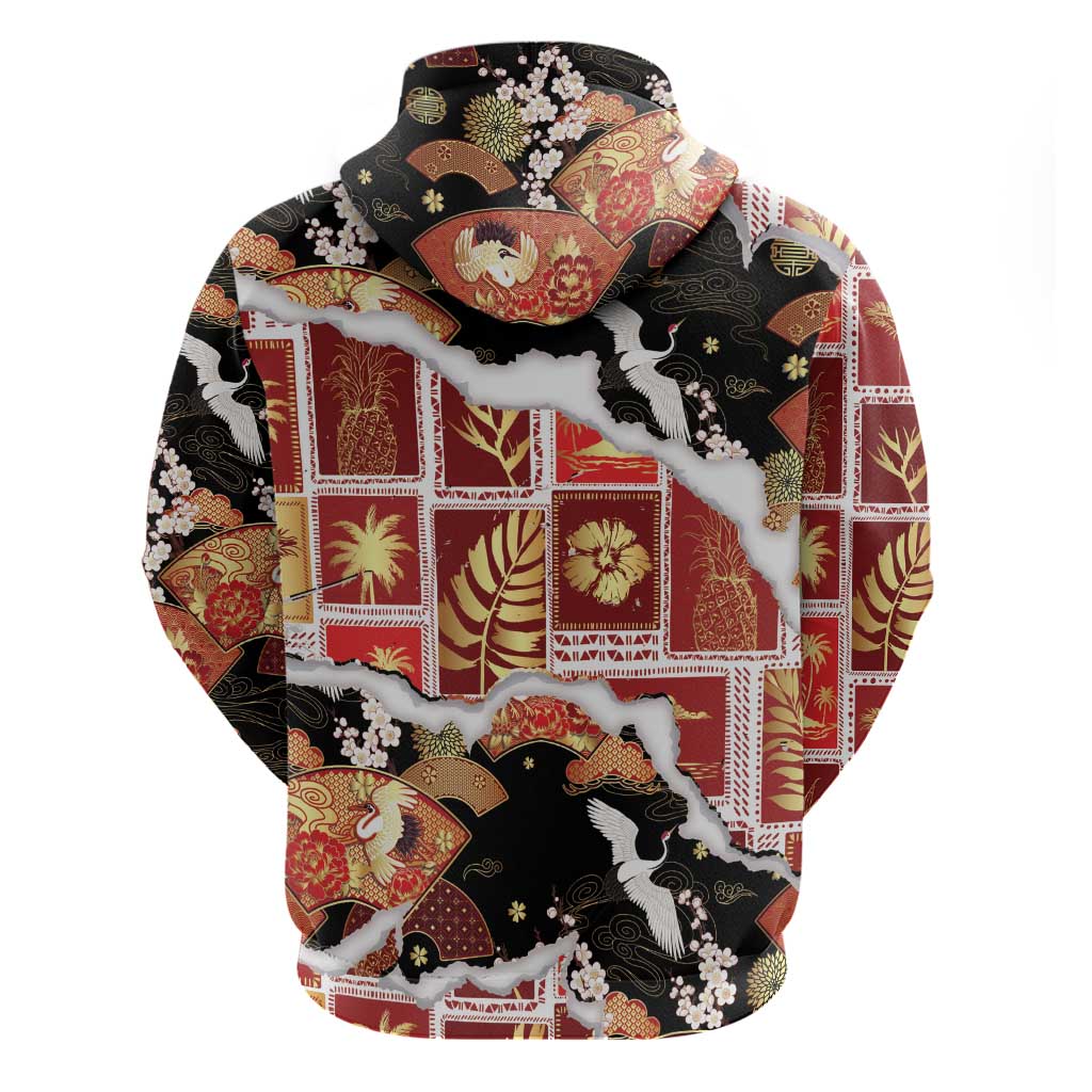 Hawaii Japanese Culture Black Zip Hoodie Spring Cranes Aloha Pattern