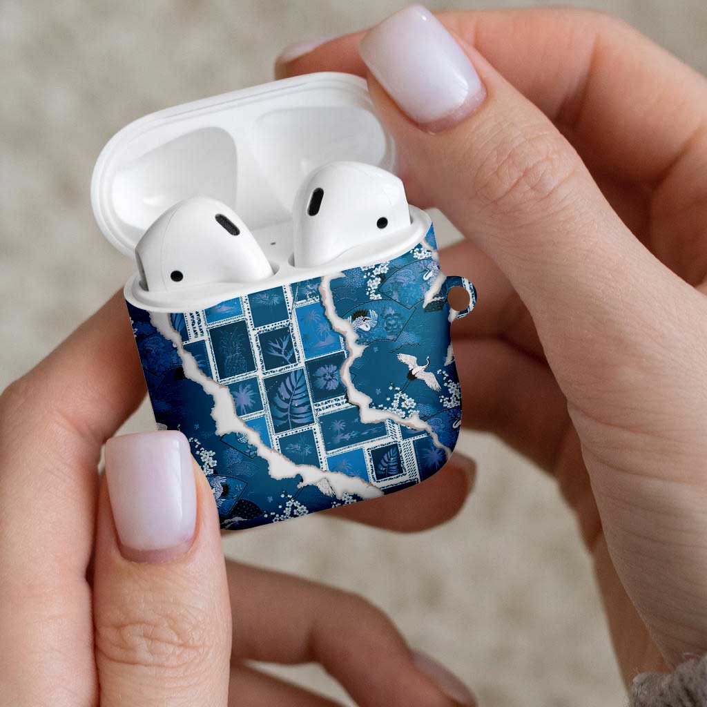 Hawaii Japanese Culture Blue AirPods Case Spring Cranes Aloha Pattern
