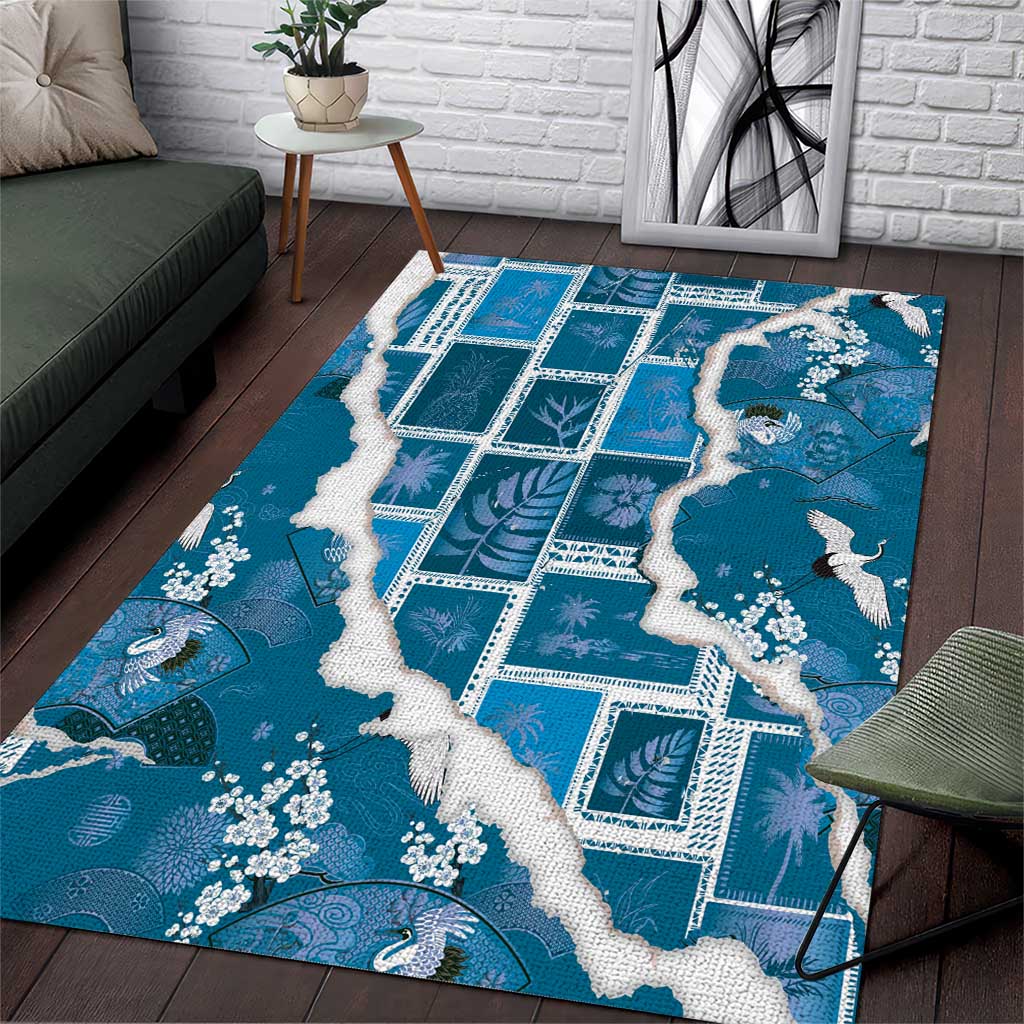Hawaii Japanese Culture Blue Area Rug Spring Cranes Aloha Pattern LT01 Blue - Polynesian Pride