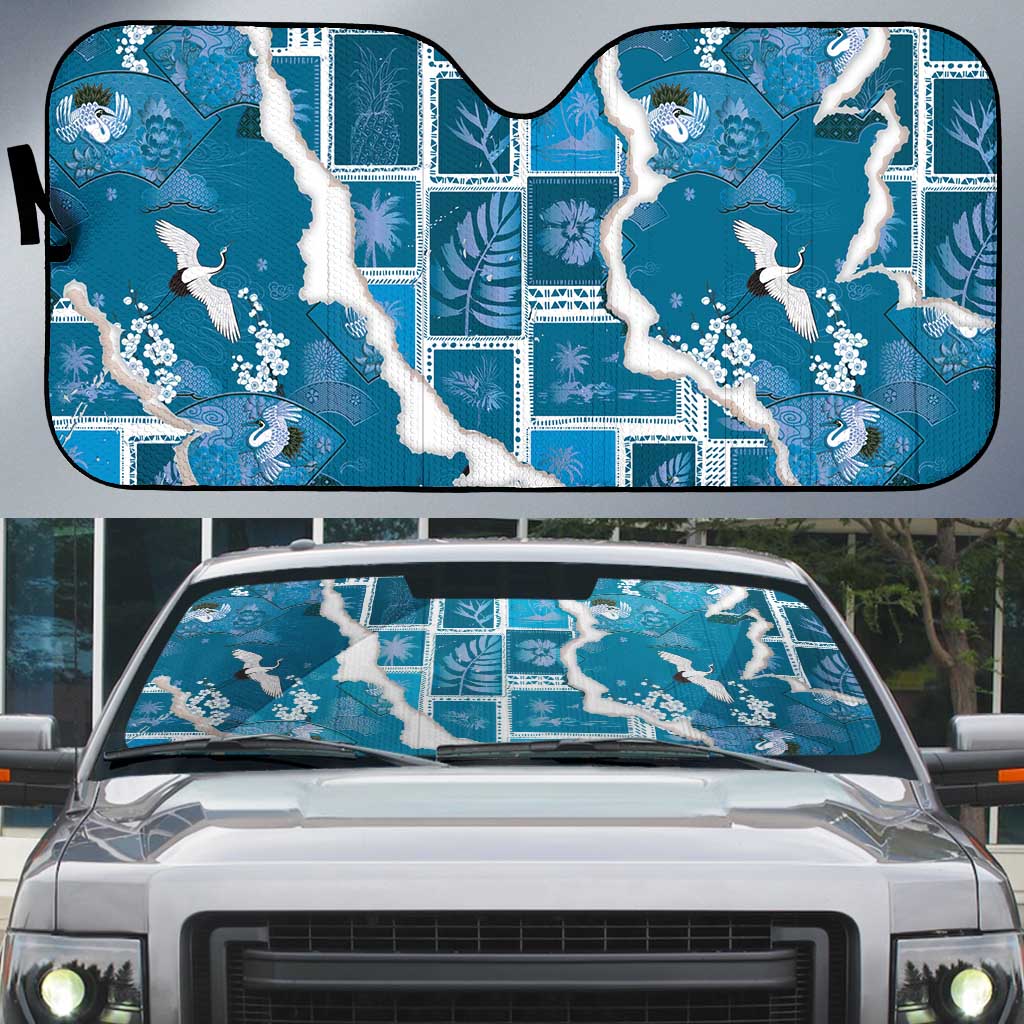 Hawaii Japanese Culture Blue Auto Sun Shade Spring Cranes Aloha Pattern LT01 Blue - Polynesian Pride