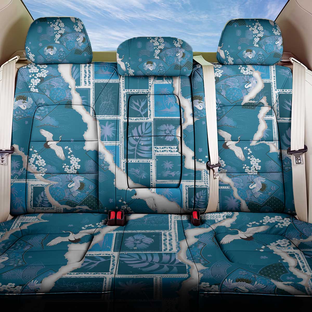 Hawaii Japanese Culture Blue Back Car Seat Cover Spring Cranes Aloha Pattern LT01 One Size Blue - Polynesian Pride
