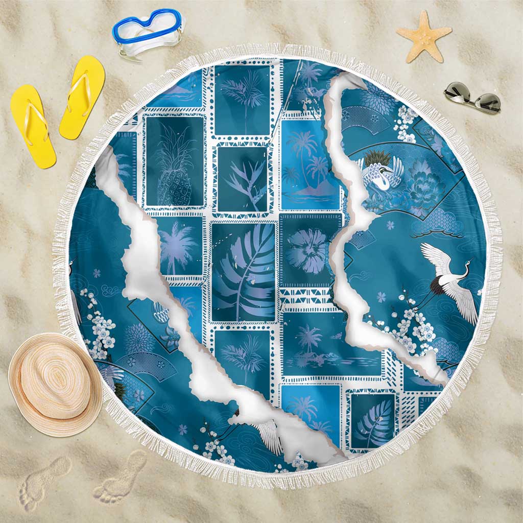Hawaii Japanese Culture Blue Beach Blanket Spring Cranes Aloha Pattern