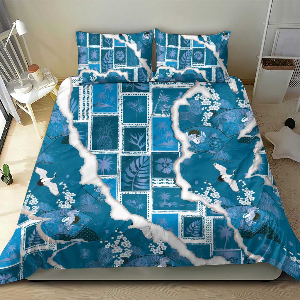 Hawaii Japanese Culture Blue Bedding Set Spring Cranes Aloha Pattern LT01 - Polynesian Pride