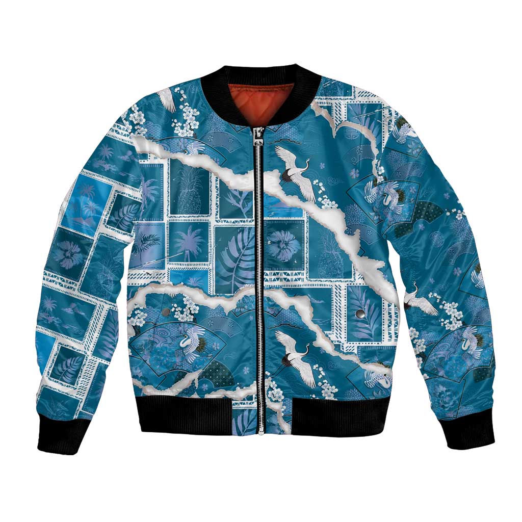 Hawaii Japanese Culture Blue Bomber Jacket Spring Cranes Aloha Pattern
