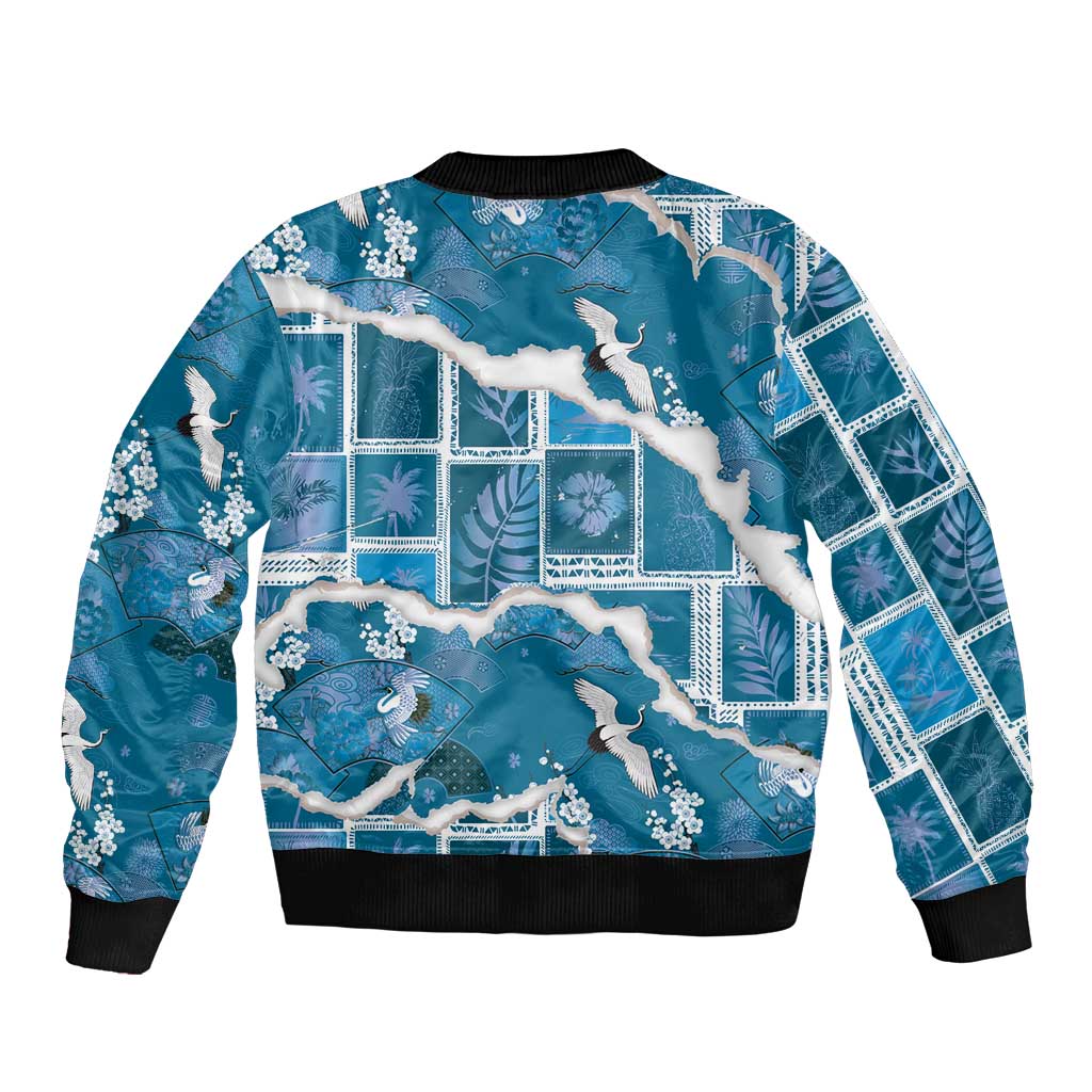 Hawaii Japanese Culture Blue Bomber Jacket Spring Cranes Aloha Pattern