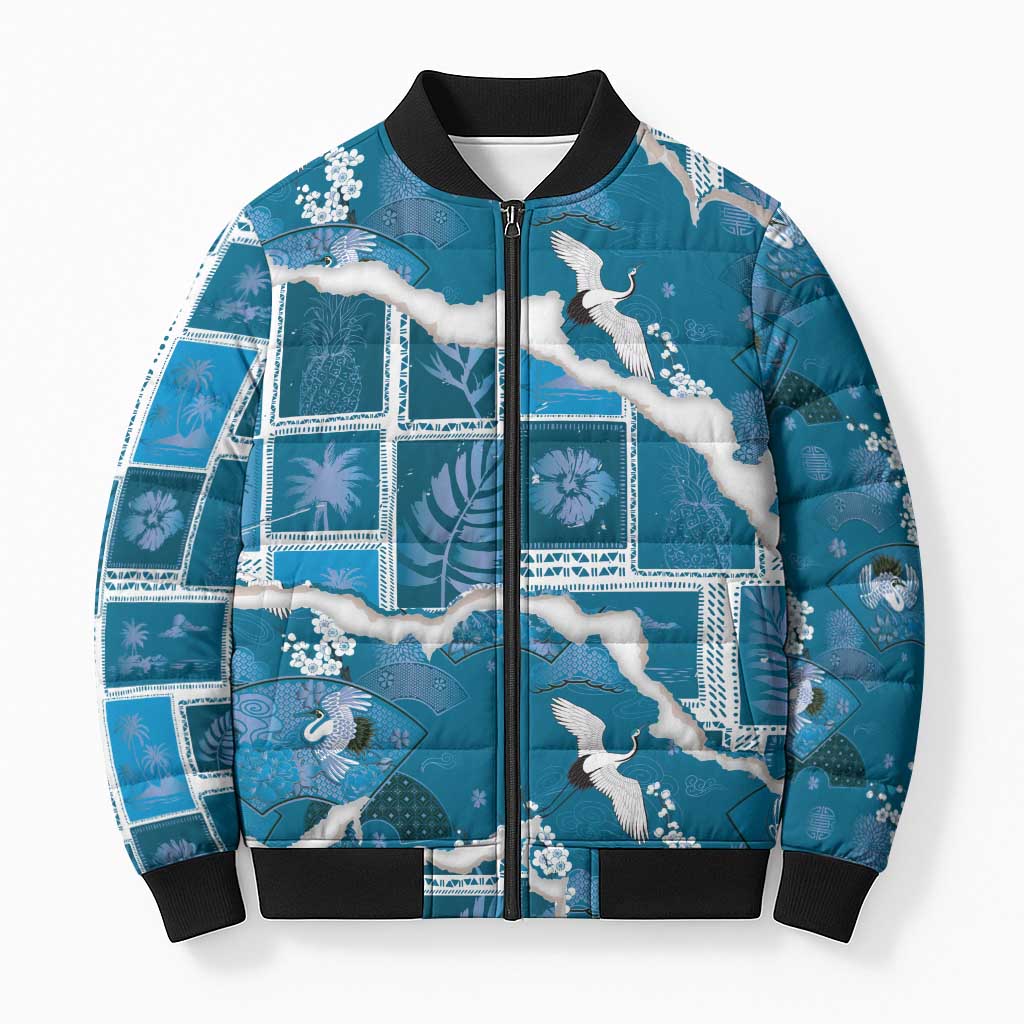 Hawaii Japanese Culture Blue Bomber Puffer Jacket Spring Cranes Aloha Pattern