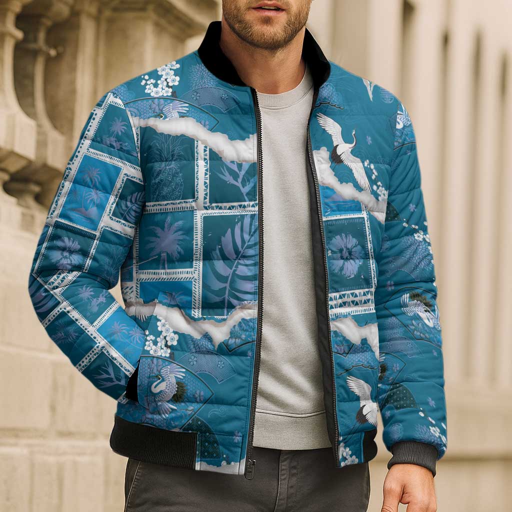 Hawaii Japanese Culture Blue Bomber Puffer Jacket Spring Cranes Aloha Pattern