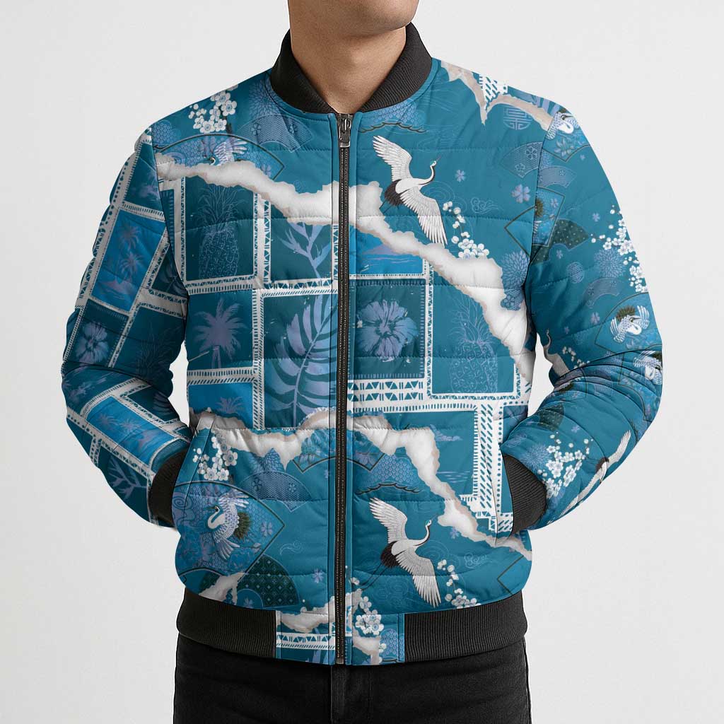Hawaii Japanese Culture Blue Bomber Puffer Jacket Spring Cranes Aloha Pattern
