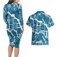 Hawaii Japanese Culture Blue Couples Matching Long Sleeve Bodycon Dress and Hawaiian Shirt Spring Cranes Aloha Pattern LT01 - Polynesian Pride