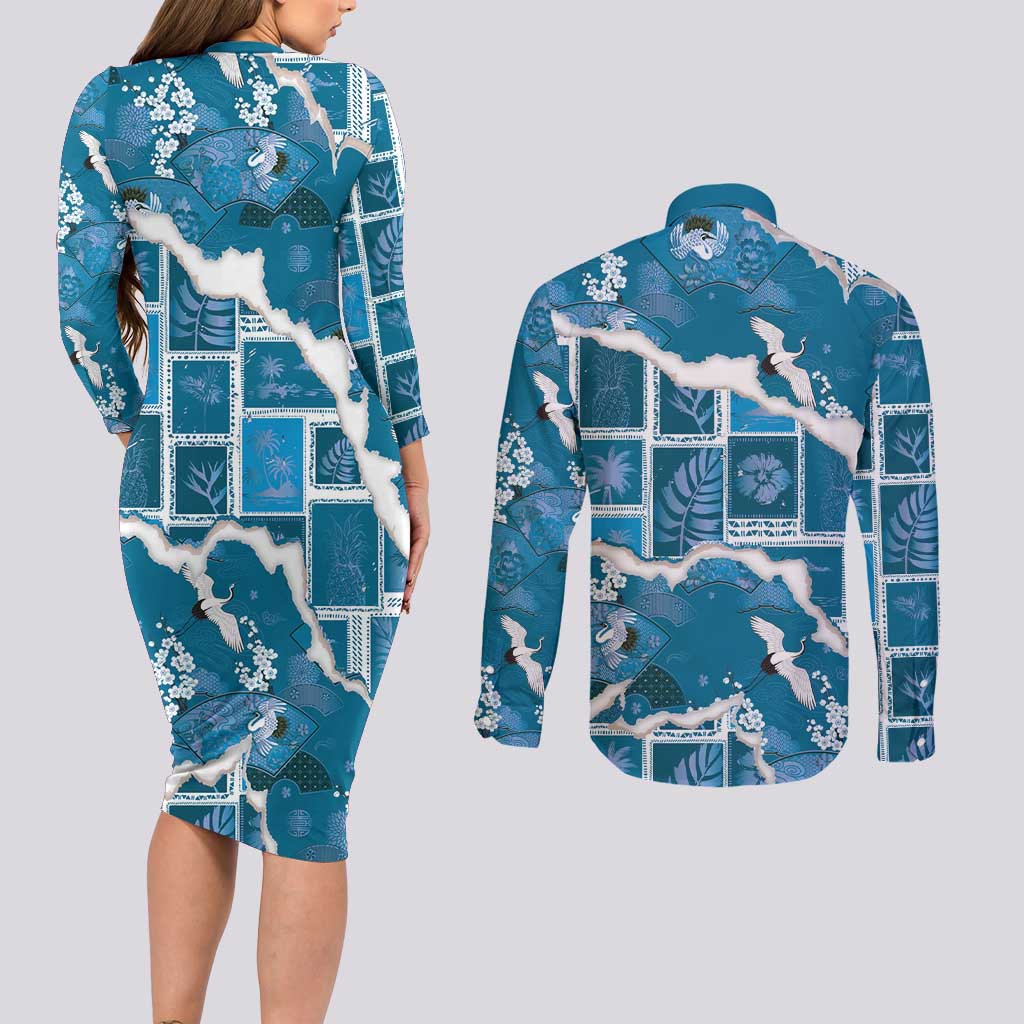 Hawaii Japanese Culture Blue Couples Matching Long Sleeve Bodycon Dress and Long Sleeve Button Shirt Spring Cranes Aloha Pattern LT01 - Polynesian Pride