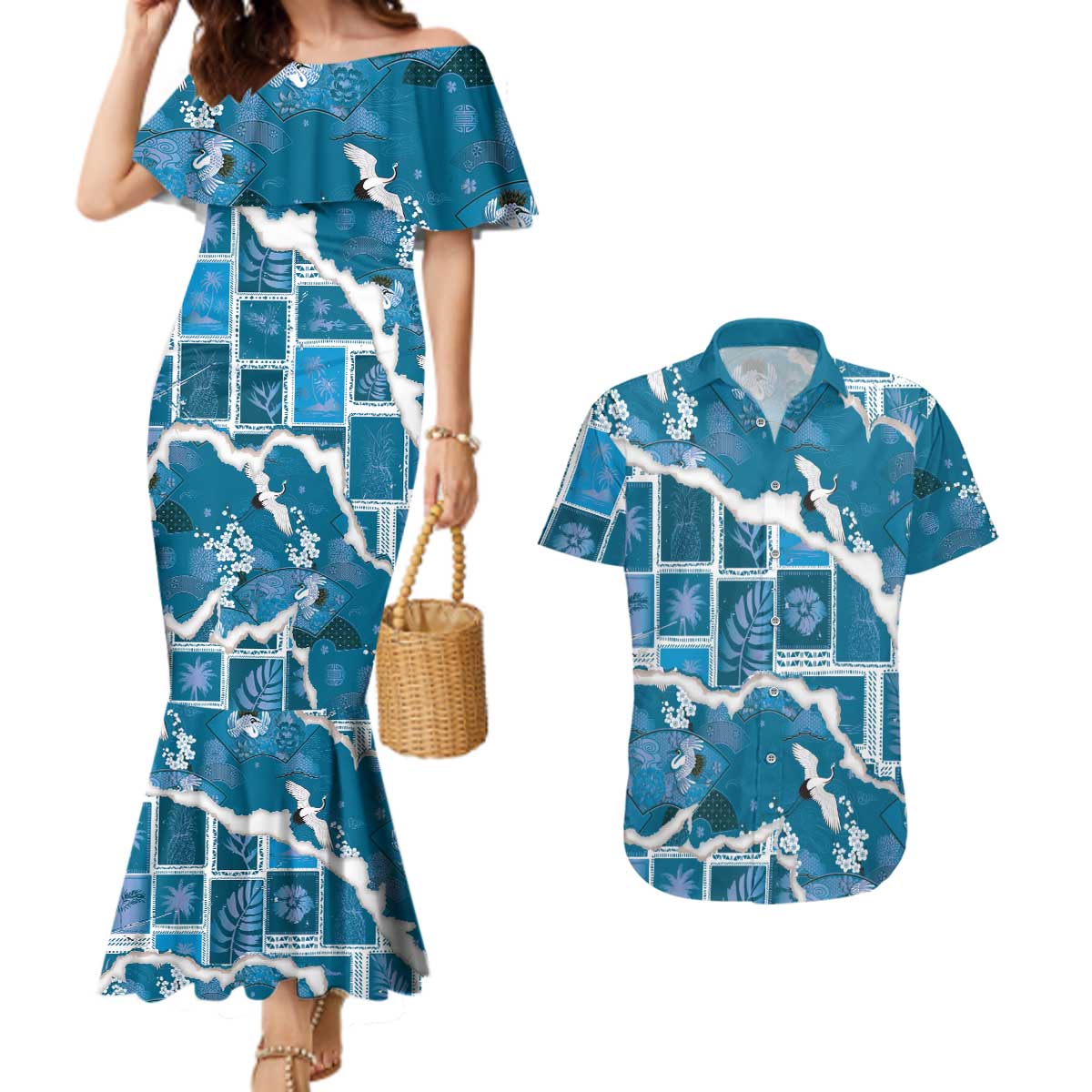 Hawaii Japanese Culture Blue Couples Matching Mermaid Dress and Hawaiian Shirt Spring Cranes Aloha Pattern LT01 Blue - Polynesian Pride