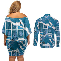 Hawaii Japanese Culture Blue Couples Matching Off Shoulder Short Dress and Long Sleeve Button Shirt Spring Cranes Aloha Pattern