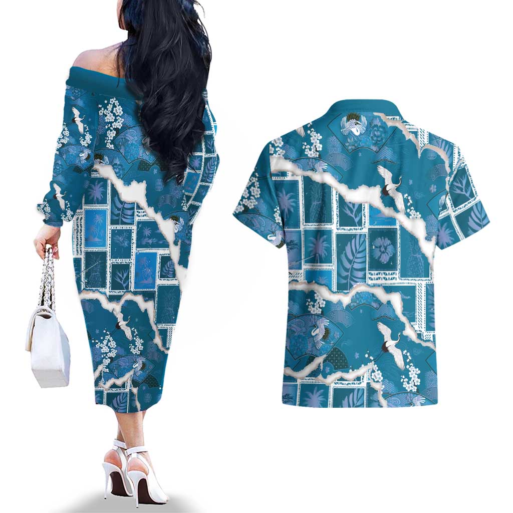 Hawaii Japanese Culture Blue Couples Matching Off The Shoulder Long Sleeve Dress and Hawaiian Shirt Spring Cranes Aloha Pattern LT01 - Polynesian Pride