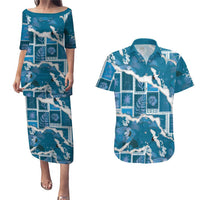Hawaii Japanese Culture Blue Couples Matching Puletasi and Hawaiian Shirt Spring Cranes Aloha Pattern