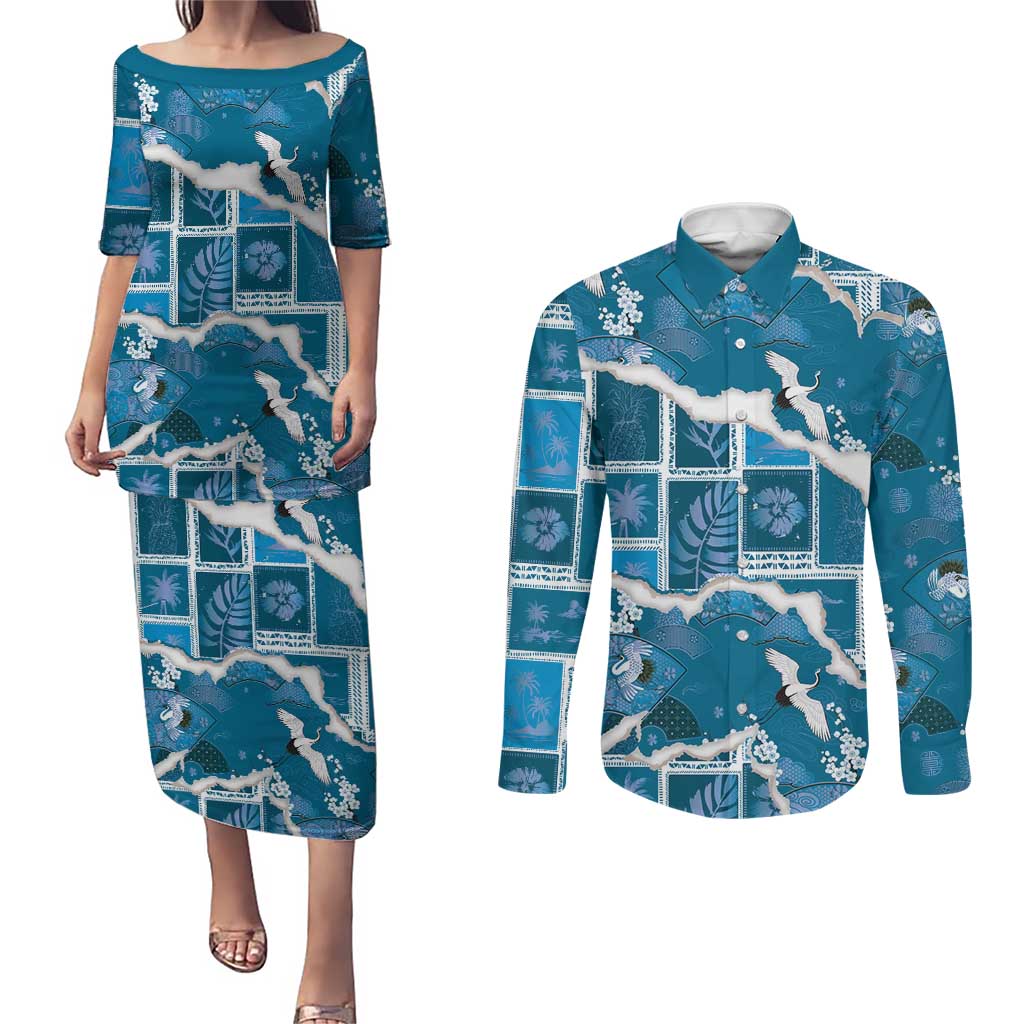 Hawaii Japanese Culture Blue Couples Matching Puletasi and Long Sleeve Button Shirt Spring Cranes Aloha Pattern LT01 Blue - Polynesian Pride