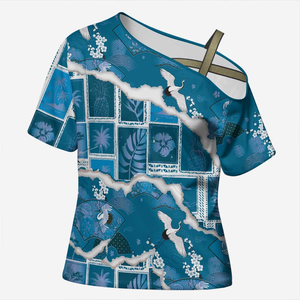 Hawaii Japanese Culture Blue Cross Shoulder Shirt Spring Cranes Aloha Pattern LT01 Female Blue - Polynesian Pride