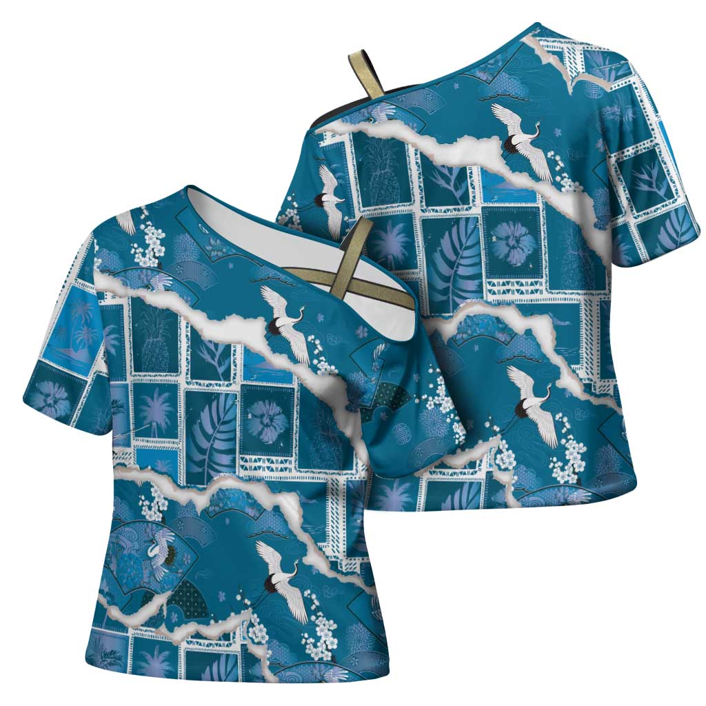 Hawaii Japanese Culture Blue Cross Shoulder Shirt Spring Cranes Aloha Pattern LT01 - Polynesian Pride