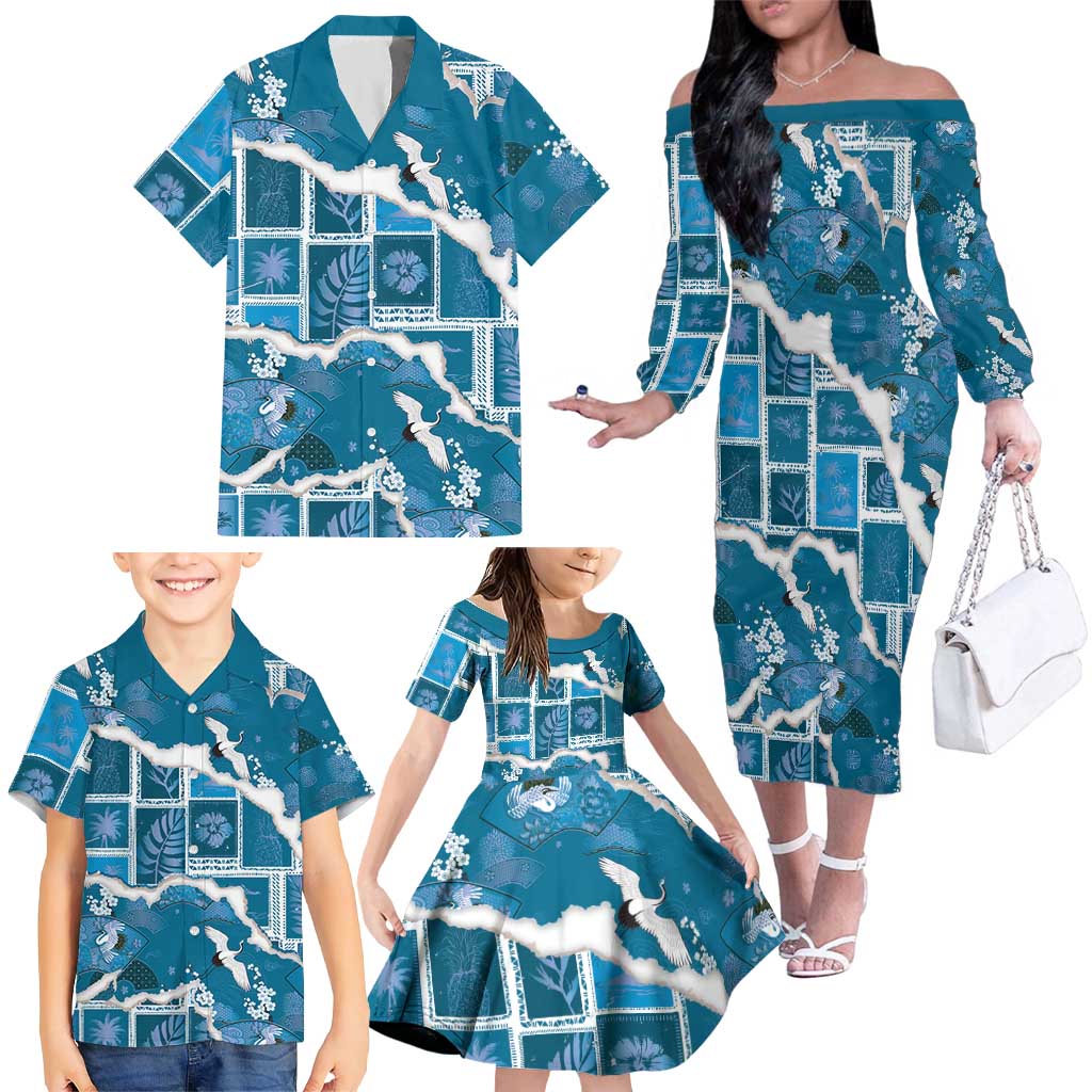 Hawaii Japanese Culture Blue Family Matching Off The Shoulder Long Sleeve Dress and Hawaiian Shirt Spring Cranes Aloha Pattern