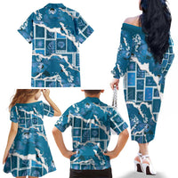 Hawaii Japanese Culture Blue Family Matching Off The Shoulder Long Sleeve Dress and Hawaiian Shirt Spring Cranes Aloha Pattern