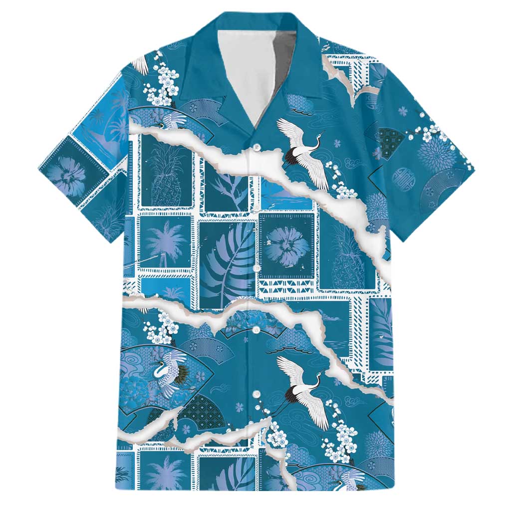 Hawaii Japanese Culture Blue Family Matching Off The Shoulder Long Sleeve Dress and Hawaiian Shirt Spring Cranes Aloha Pattern