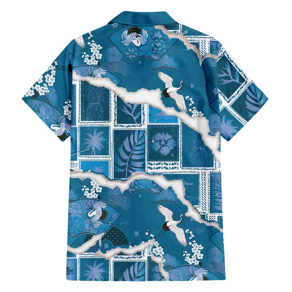 Hawaii Japanese Culture Blue Family Matching Off Shoulder Maxi Dress and Hawaiian Shirt Spring Cranes Aloha Pattern LT01 - Polynesian Pride