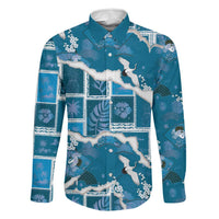 Hawaii Japanese Culture Blue Family Matching Off Shoulder Maxi Dress and Hawaiian Shirt Spring Cranes Aloha Pattern LT01 Dad's Shirt - Long Sleeve Blue - Polynesian Pride