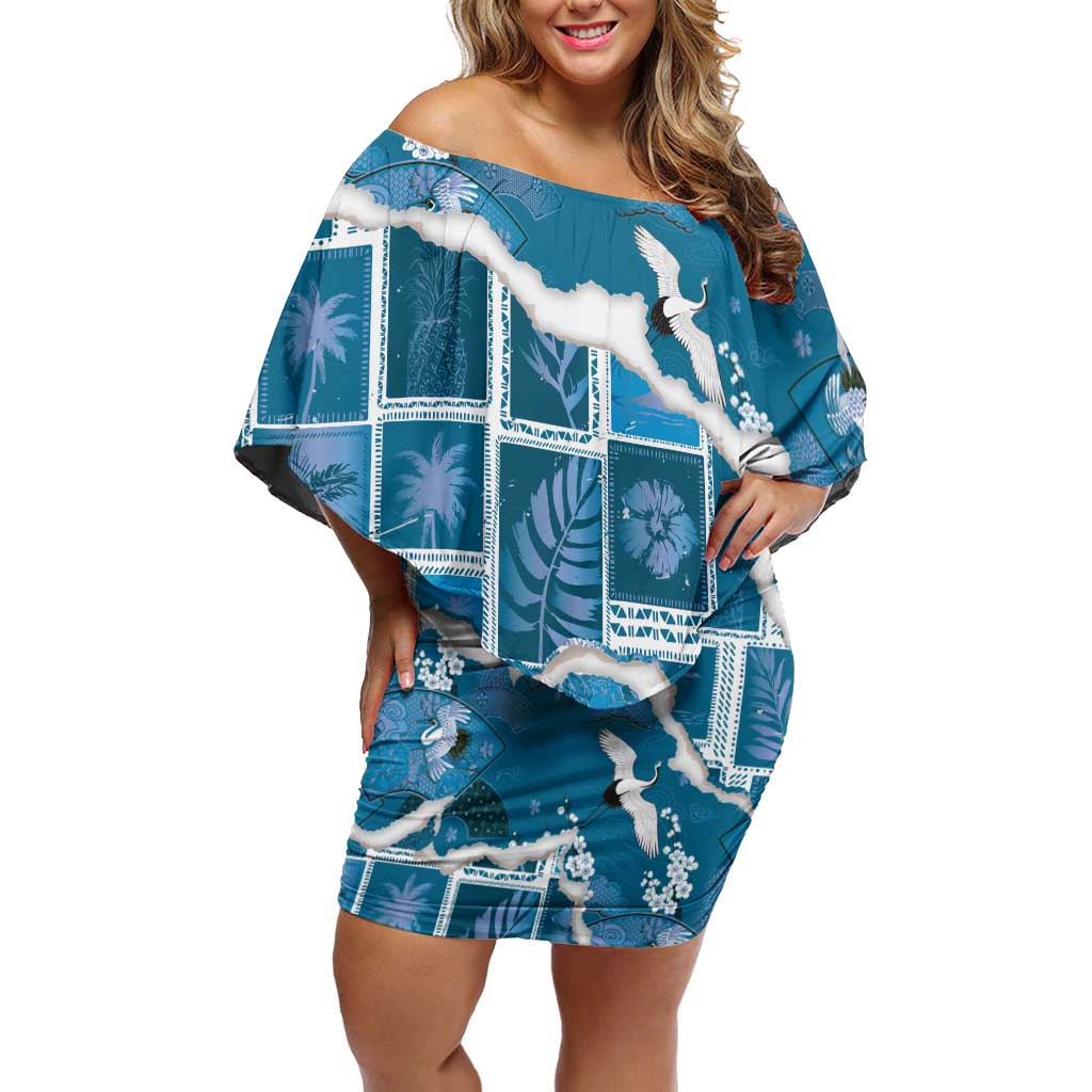 Hawaii Japanese Culture Blue Family Matching Off Shoulder Short Dress and Hawaiian Shirt Spring Cranes Aloha Pattern LT01 Mom's Dress Blue - Polynesian Pride