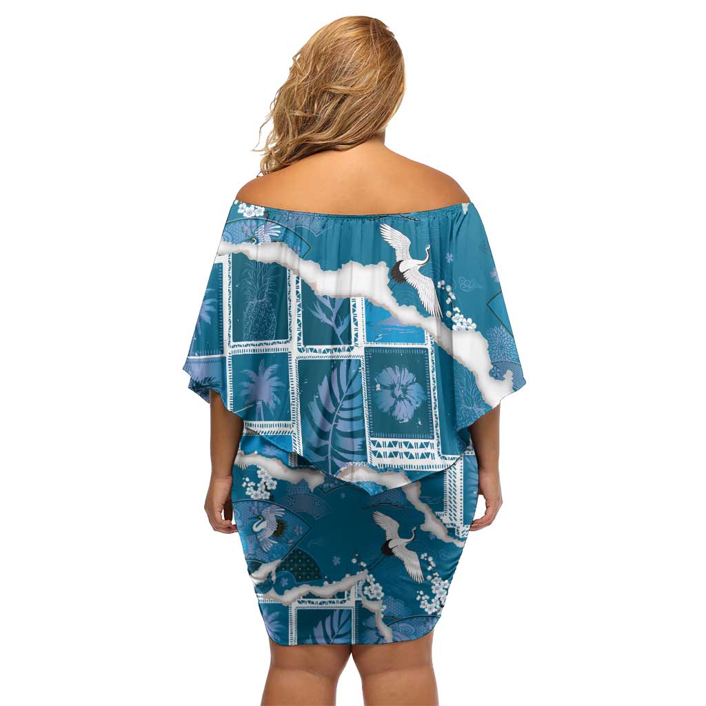 Hawaii Japanese Culture Blue Family Matching Off Shoulder Short Dress and Hawaiian Shirt Spring Cranes Aloha Pattern LT01 - Polynesian Pride