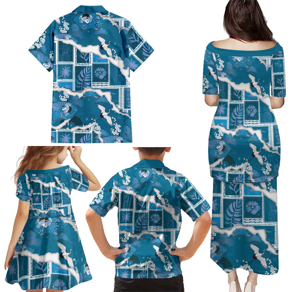 Hawaii Japanese Culture Blue Family Matching Puletasi and Hawaiian Shirt Spring Cranes Aloha Pattern LT01 - Polynesian Pride