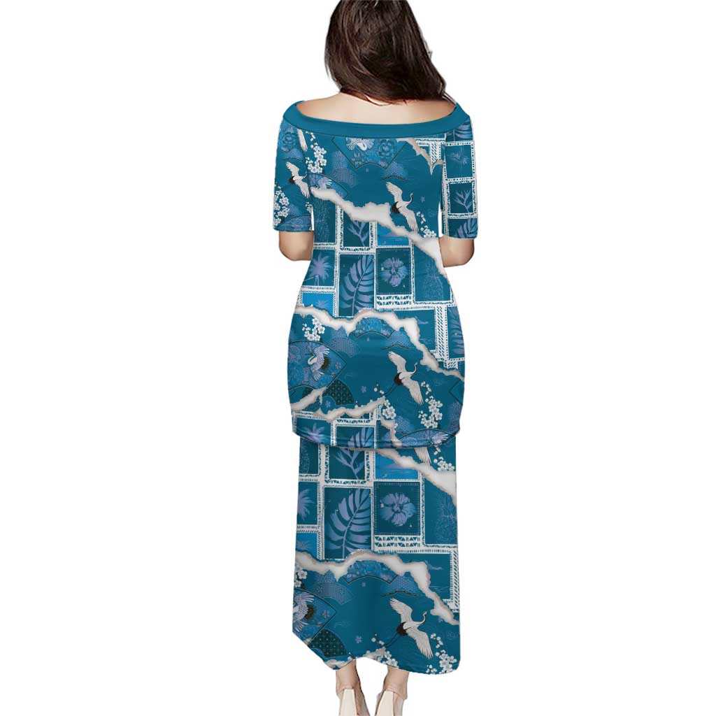 Hawaii Japanese Culture Blue Family Matching Puletasi and Hawaiian Shirt Spring Cranes Aloha Pattern LT01 - Polynesian Pride