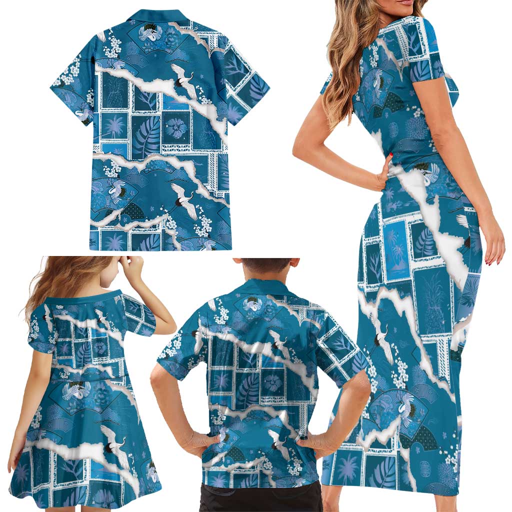 Hawaii Japanese Culture Blue Family Matching Short Sleeve Bodycon Dress and Hawaiian Shirt Spring Cranes Aloha Pattern