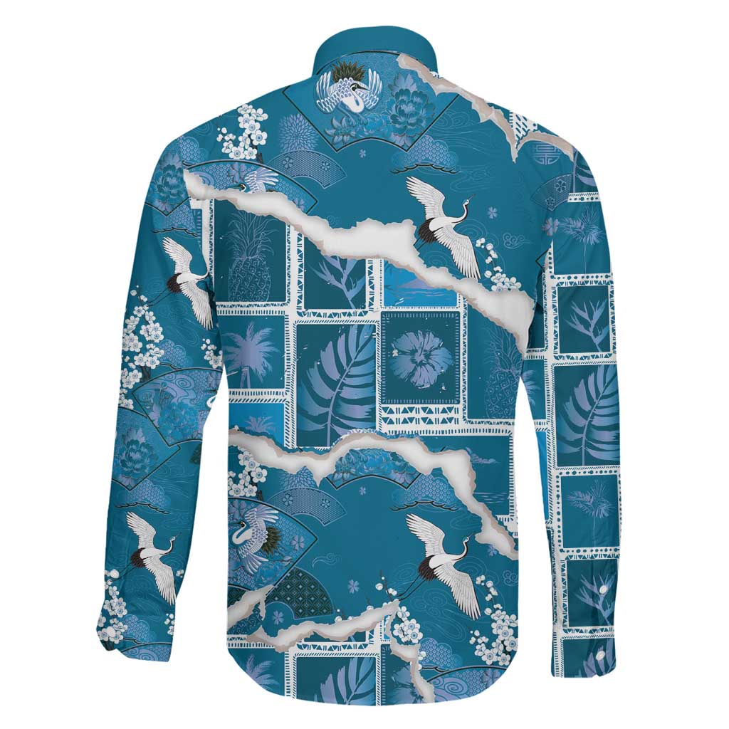 Hawaii Japanese Culture Blue Family Matching Short Sleeve Bodycon Dress and Hawaiian Shirt Spring Cranes Aloha Pattern