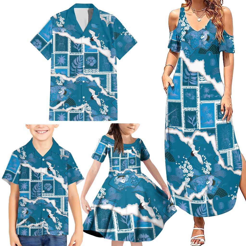 Hawaii Japanese Culture Blue Family Matching Summer Maxi Dress and Hawaiian Shirt Spring Cranes Aloha Pattern LT01 - Polynesian Pride