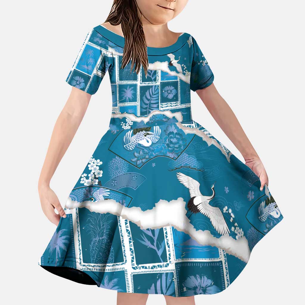 Hawaii Japanese Culture Blue Family Matching Tank Maxi Dress and Hawaiian Shirt Spring Cranes Aloha Pattern LT01 Daughter's Dress Blue - Polynesian Pride